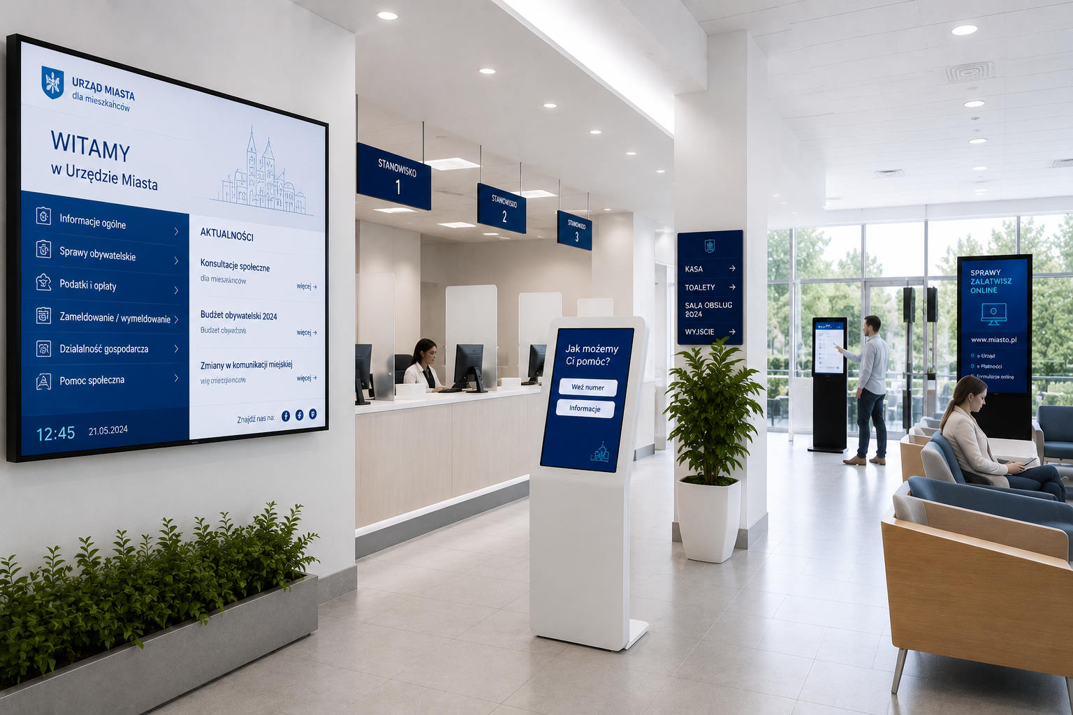 Nowoczesne rozwiązania AV w urzędzie z ekranami Digital Signage i stanowiskiem obsługi mieszkańców