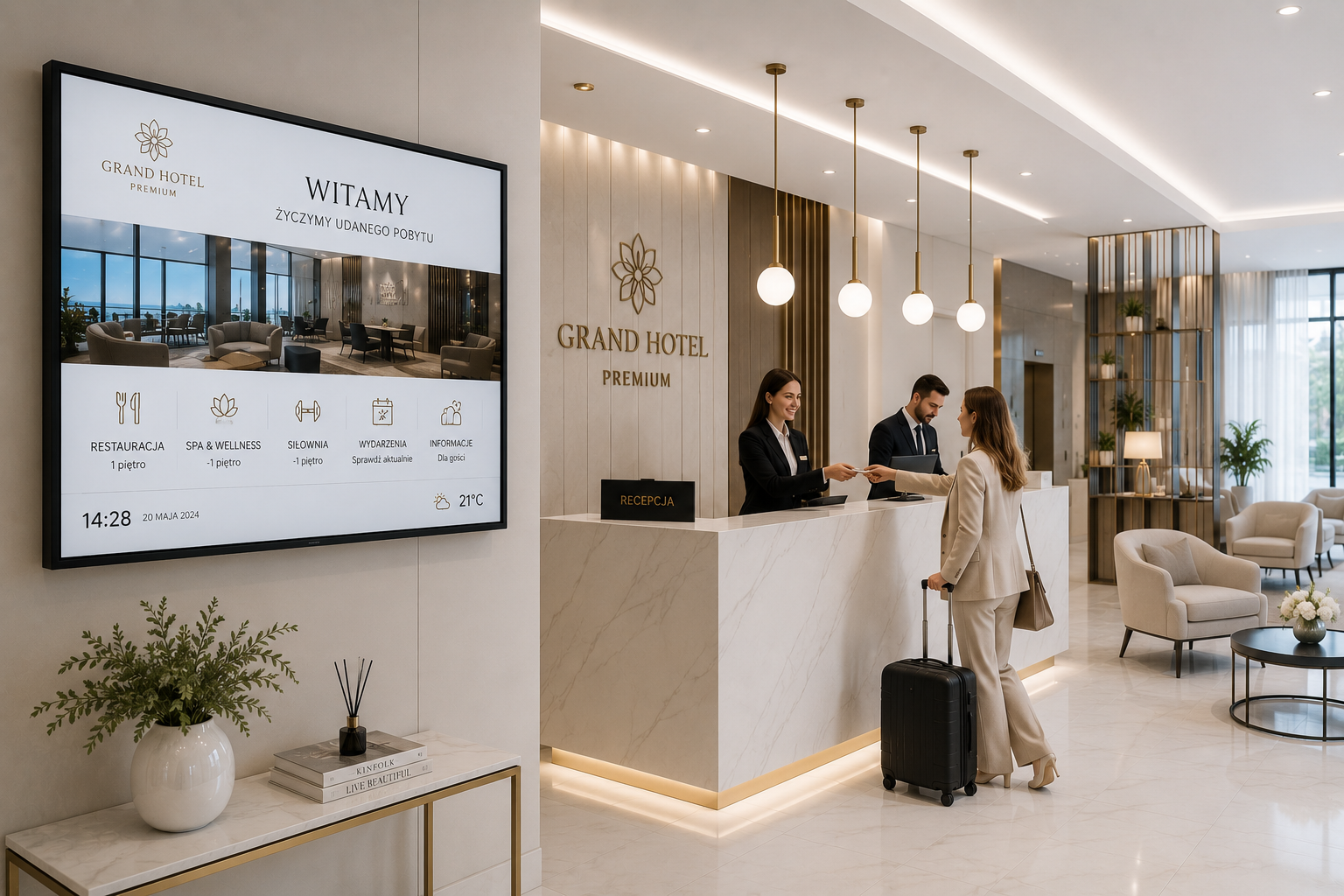Nowoczesne rozwiązania AV w hotelu z Digital Signage, monitorami profesjonalnymi i salą konferencyjną