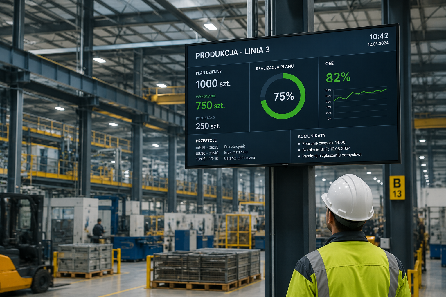 Rozwiązania AV dla przemysłu – ekran Digital Signage prezentujący dane produkcyjne na hali produkcyjnej