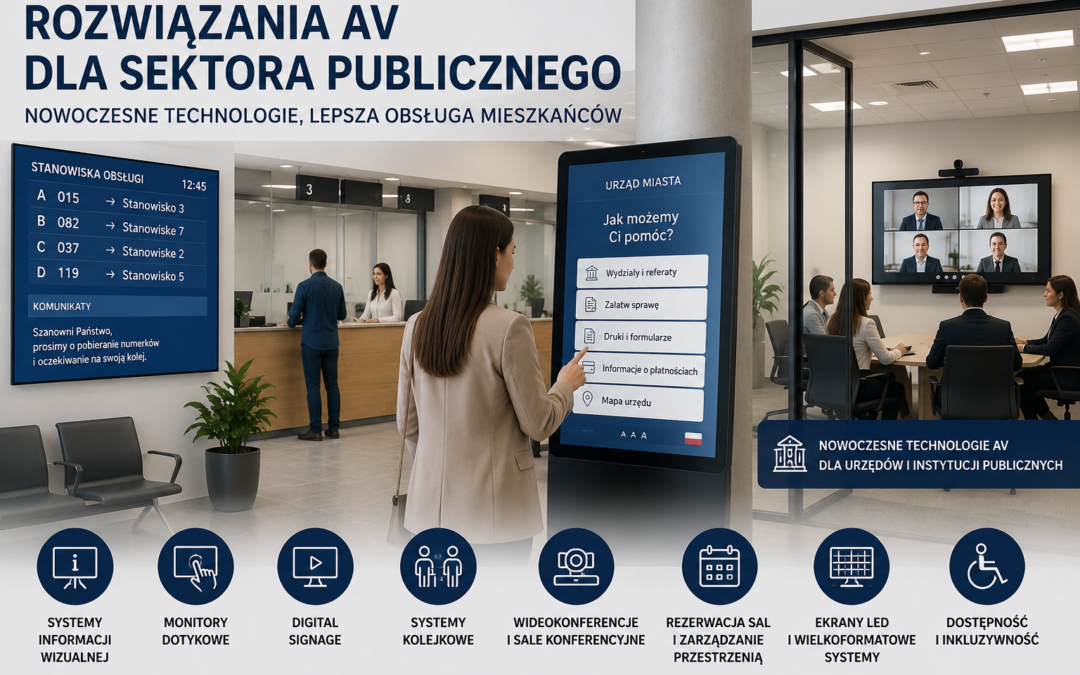 Rozwiązania AV dla sektora publicznego obejmujące systemy informacji wizualnej, monitory dotykowe, Digital Signage i wyposażenie sal konferencyjnych
