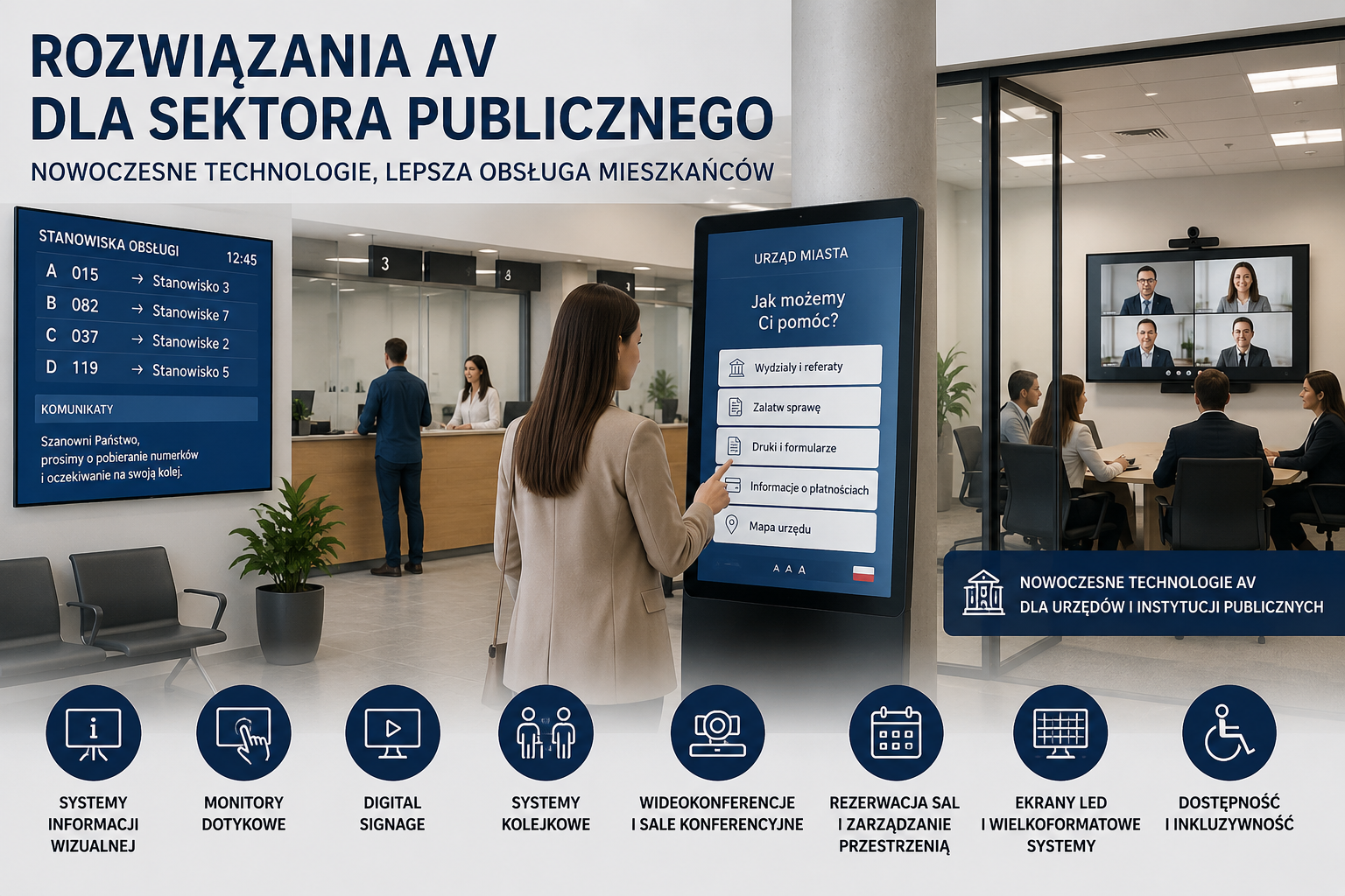 Rozwiązania AV dla sektora publicznego obejmujące systemy informacji wizualnej, monitory dotykowe, Digital Signage i wyposażenie sal konferencyjnych