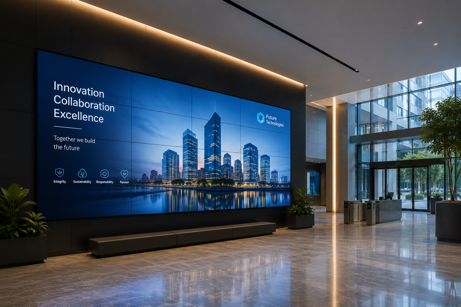 Ściana LED Video Wall w nowoczesnym holu firmy prezentująca treści korporacyjne i informacje dla gości