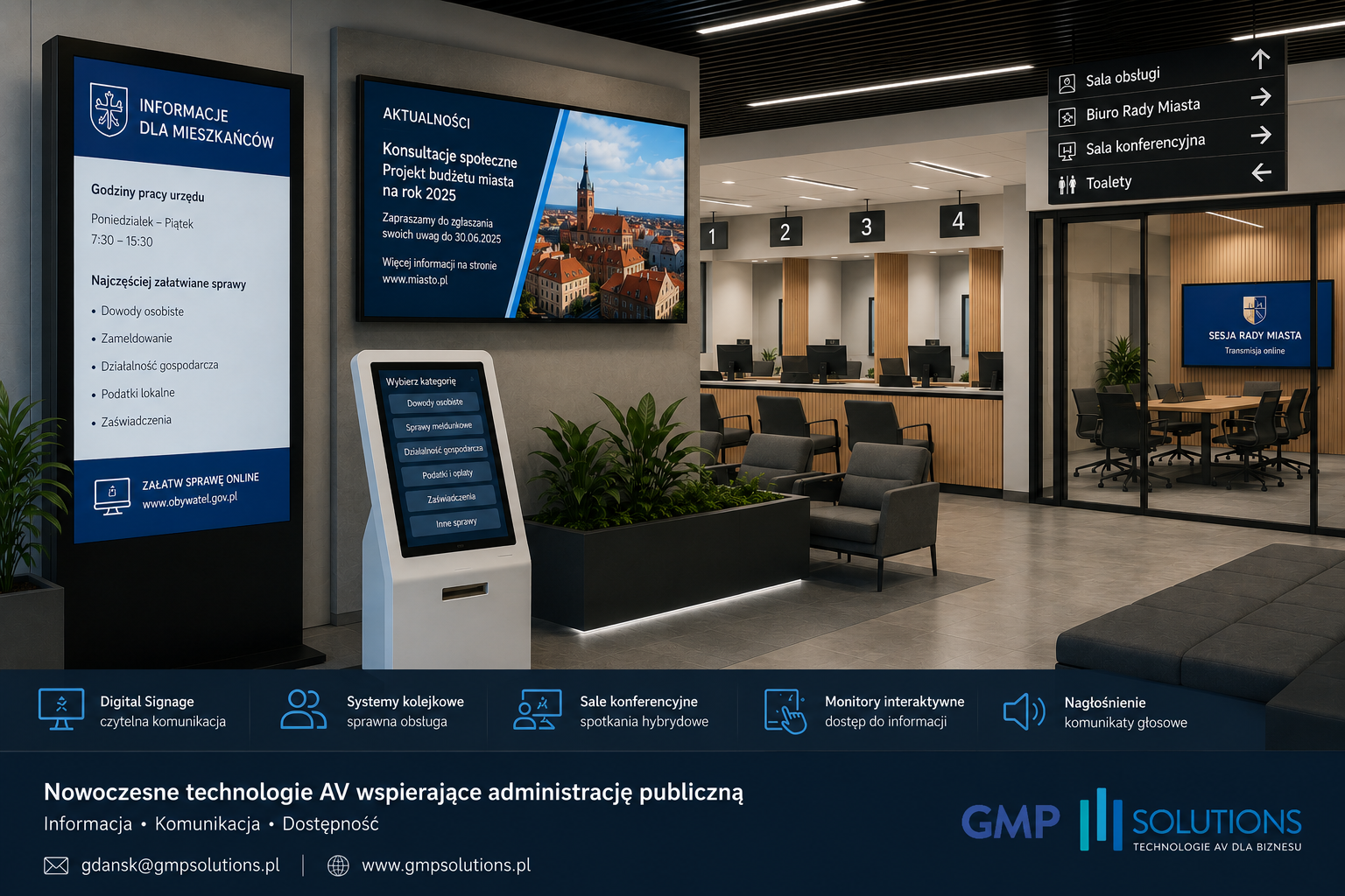 Nowoczesny urząd z systemem Digital Signage, kioskiem informacyjnym oraz rozwiązaniami AV wspierającymi obsługę mieszkańców