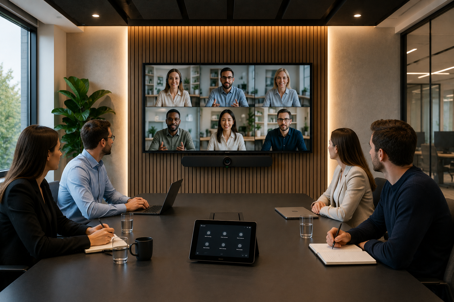 Nowoczesna sala konferencyjna z systemem wideokonferencyjnym, videobarem oraz uczestnikami spotkania hybrydowego