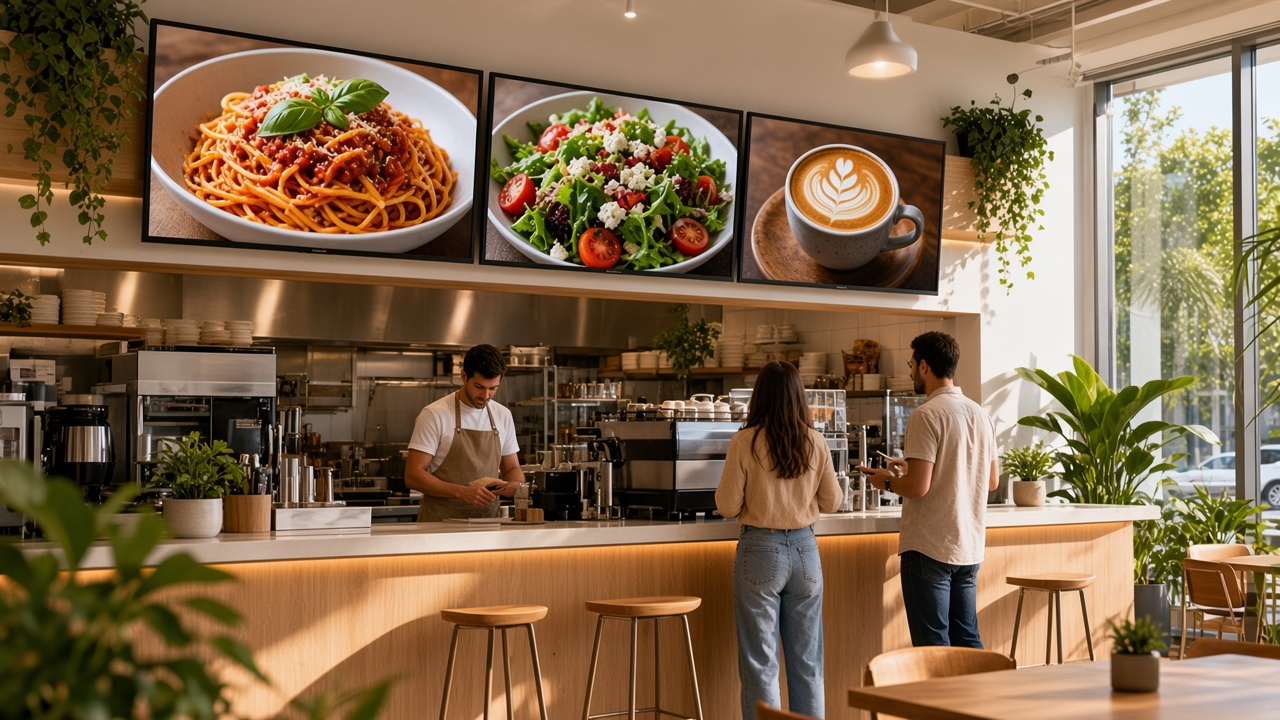 Kawiarnia z menu cyfrowym nad ladą: ekrany z daniami i kawą