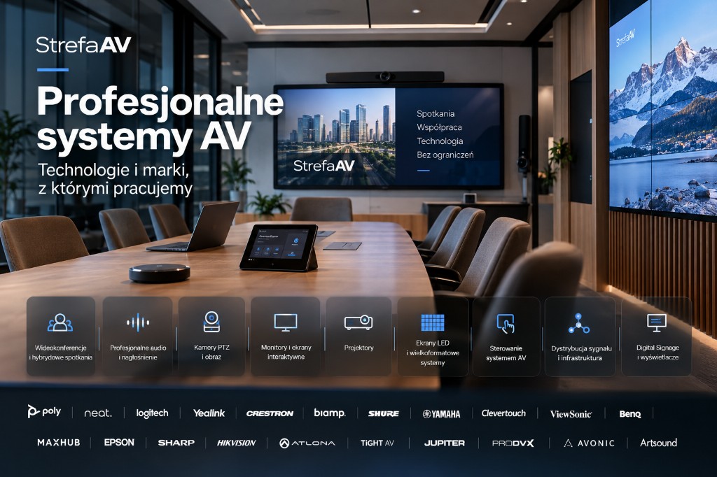 Grafika Strefa AV: sala konferencyjna z ekranem, wideobarem i ścianą wideo oraz paskiem technologii i logo marek.