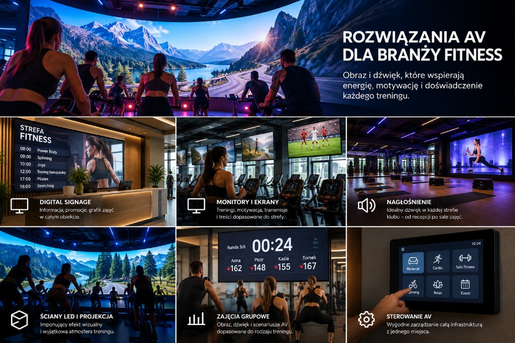 Rozwiązania AV dla branży fitness: panoramiczny ekran na sali cyclingowej, Digital Signage, monitory, nagłośnienie i sterowanie strefami klubu